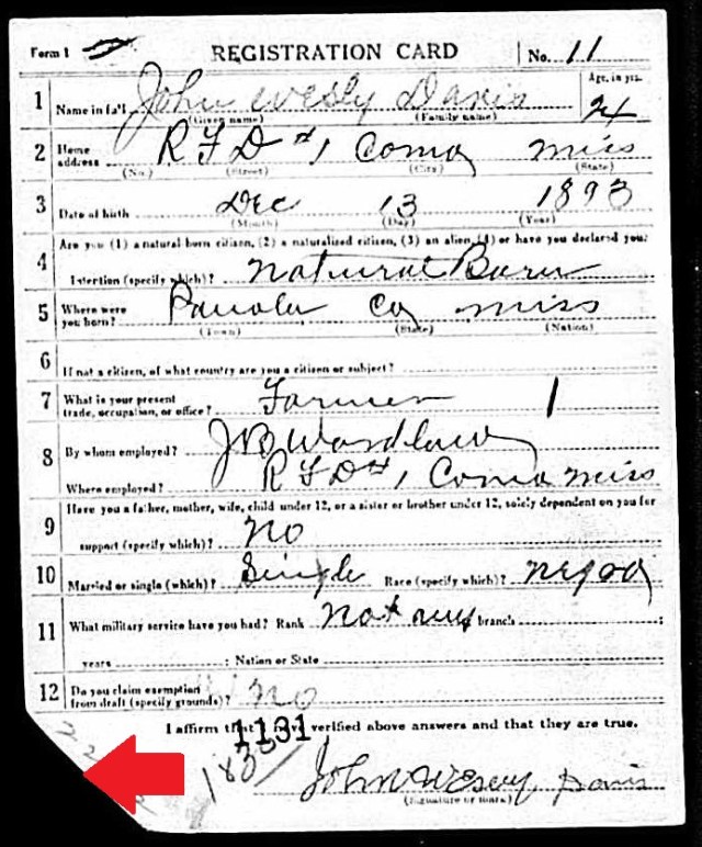 John Wesley Davis Draft Card